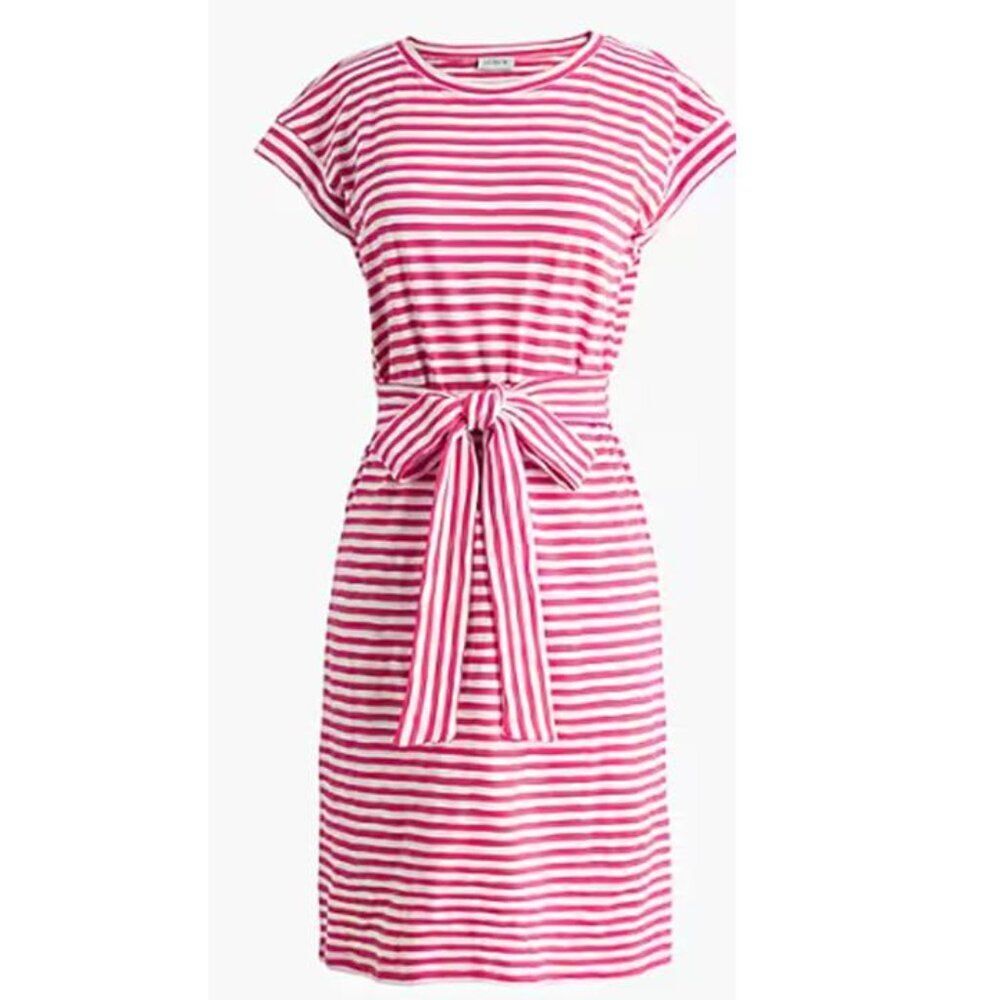 J Crew Women's Striped Tie Waist Mini Shirt Dress 100% Cotton Size 2X Pink White
